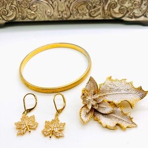 Vintage Leaf Earrings Bracelet & Monet Bangle